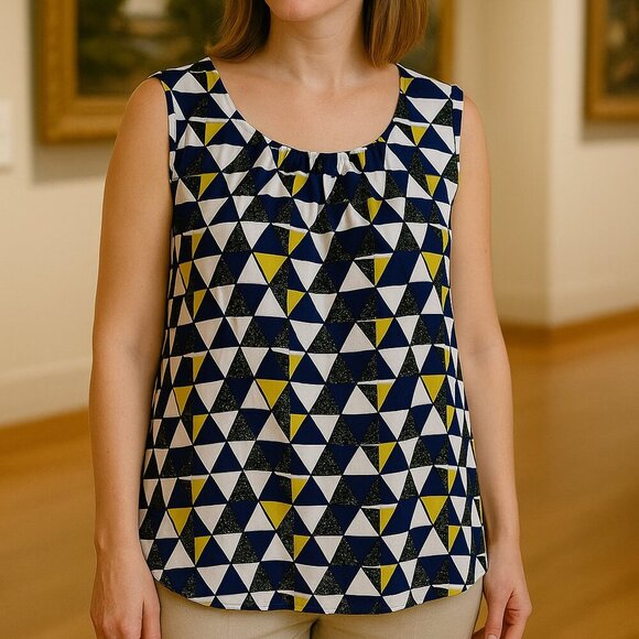 Calvin Klein 2X Blue White Sleeveless Geometric Artsy Career MOD Preppy Blouse - Picture 1 of 9